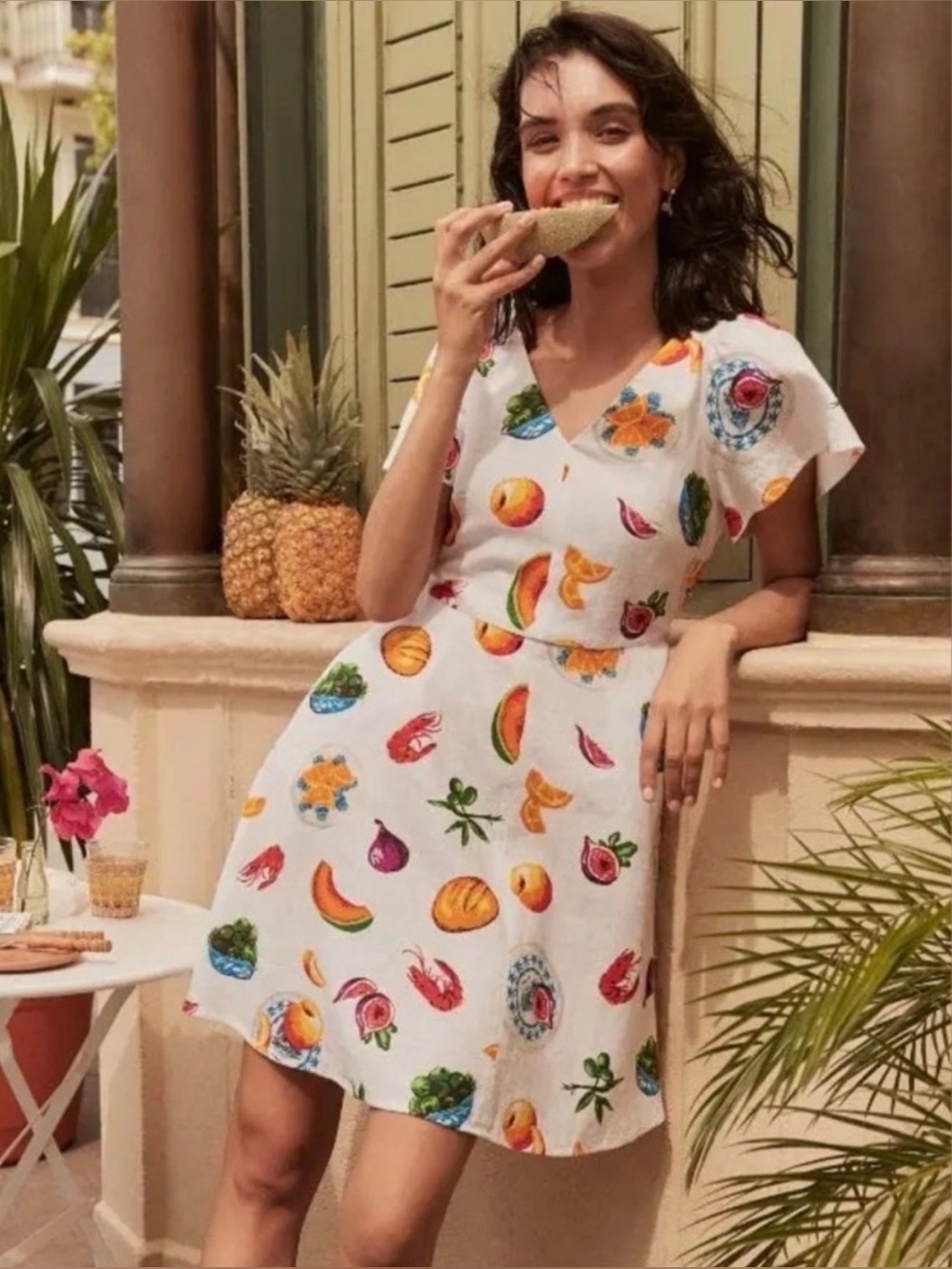 J. Crew Taverna Linen Blend Mini Dress Fruit & Seafood Print - Sz 4